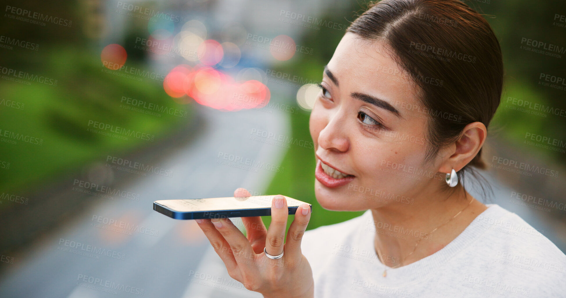 Buy stock photo City, phone call and thinking with woman recording voice note outdoor for communication or voice note on bridge. Conversation, commute and idea with happy tourist person in downtown Japan for travel