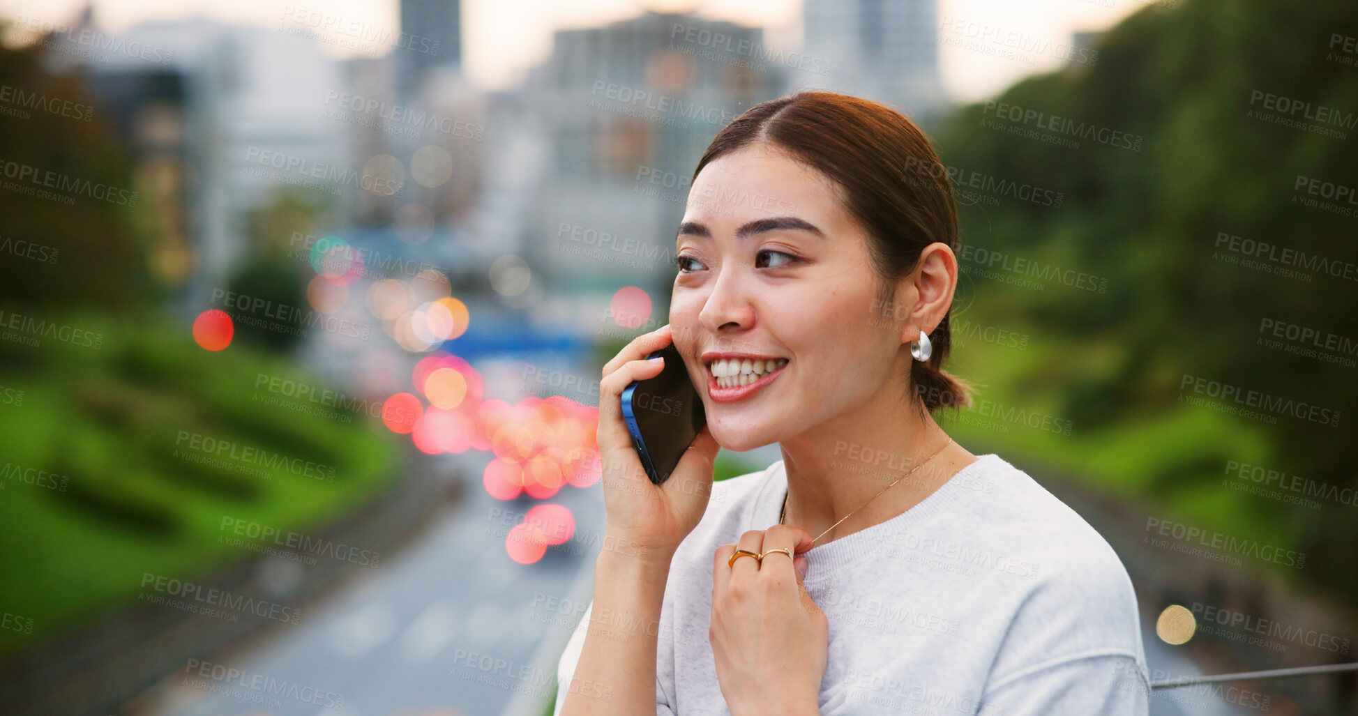 Buy stock photo City, phone call and smile of Japanese woman outdoor for communication on bridge with traffic on street. Contact, conversation and commute with happy tourist person in Japan for travel or trip