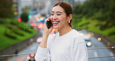 Buy stock photo City, laughing and phone call of Japanese woman outdoor for communication on bridge with traffic on street. Conversation, commute and funny with happy tourist person in Japan for travel or trip