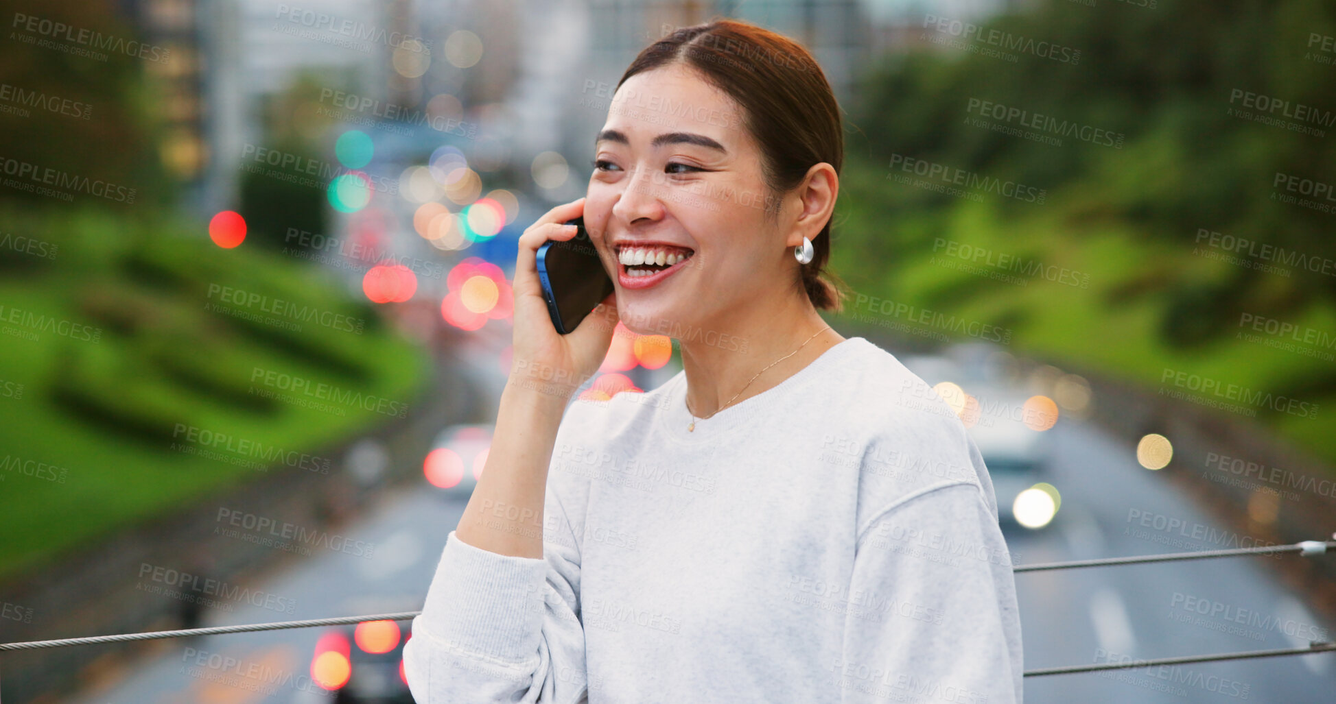 Buy stock photo City, laughing and phone call of Japanese woman outdoor for communication on bridge with traffic on street. Conversation, commute and funny with happy tourist person in Japan for travel or trip