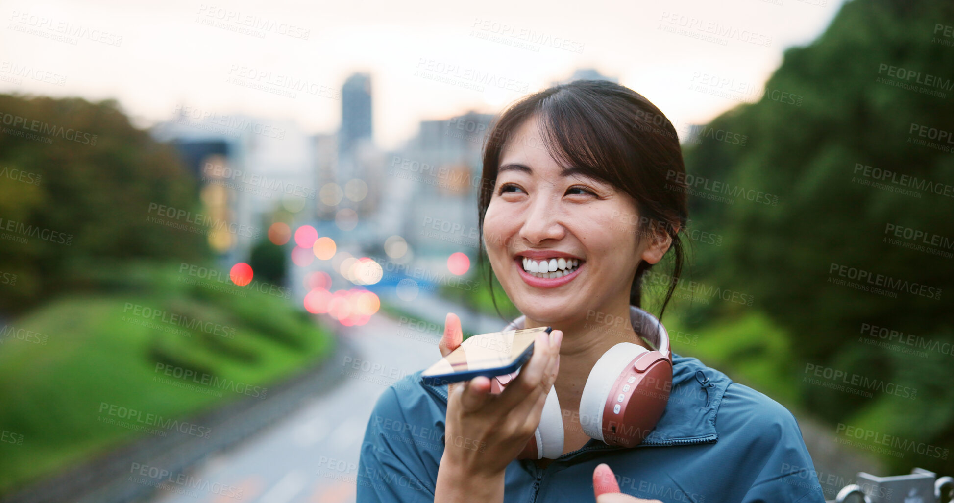 Buy stock photo Smile, woman and speaker with phone in city for conversation, audio recording and travel gossip. Happy, person and headphones with mobile mic for discussion, contact reminder and chat on Japan bridge