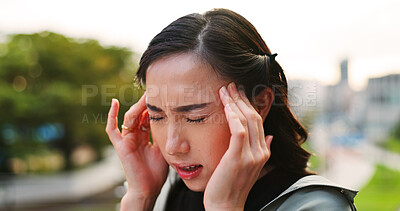 Buy stock photo Break, stress and Asian woman with headache in city for workout, exercise or outdoor training in Japan. Emergency, frustrated runner or dizzy female athlete in park with migraine, head injury or ache