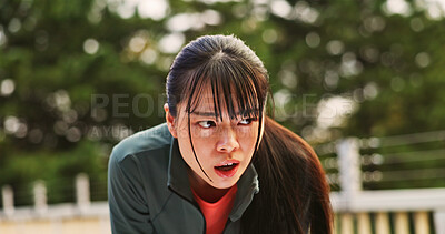 Buy stock photo Fatigue, woman and rest for running in city of sport exercise, workout recovery and breathing. Athlete, tired and relaxing with break of cardio performance, fitness training and sweat on Japan bridge