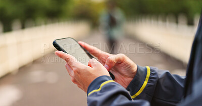 Buy stock photo Phone, hands and man outdoor typing email for contact, communication or social networking. Travel, technology and Japanese male person on cellphone for research, connectivity or online media in city.