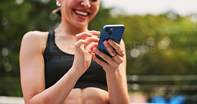 Buy stock photo Outdoor, woman and happy for fitness with smartphone on app for tracking health progress in Japan. Female person, hands and laugh on internet or online with memes on social media and text message