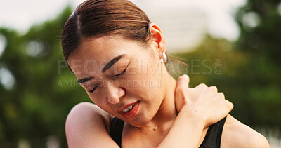 Buy stock photo Outdoor, woman and exercise with neck pain from workout strain with muscle ache and injury in Japan. Female person, fitness and active with inflammation or sore for self care, health and wellbeing
