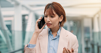 Buy stock photo Confused, business and woman with phone call in office of civil engineering, infrastructure and schedule. Engineer, mobile and communication of inspection, safety control and building update in Japan