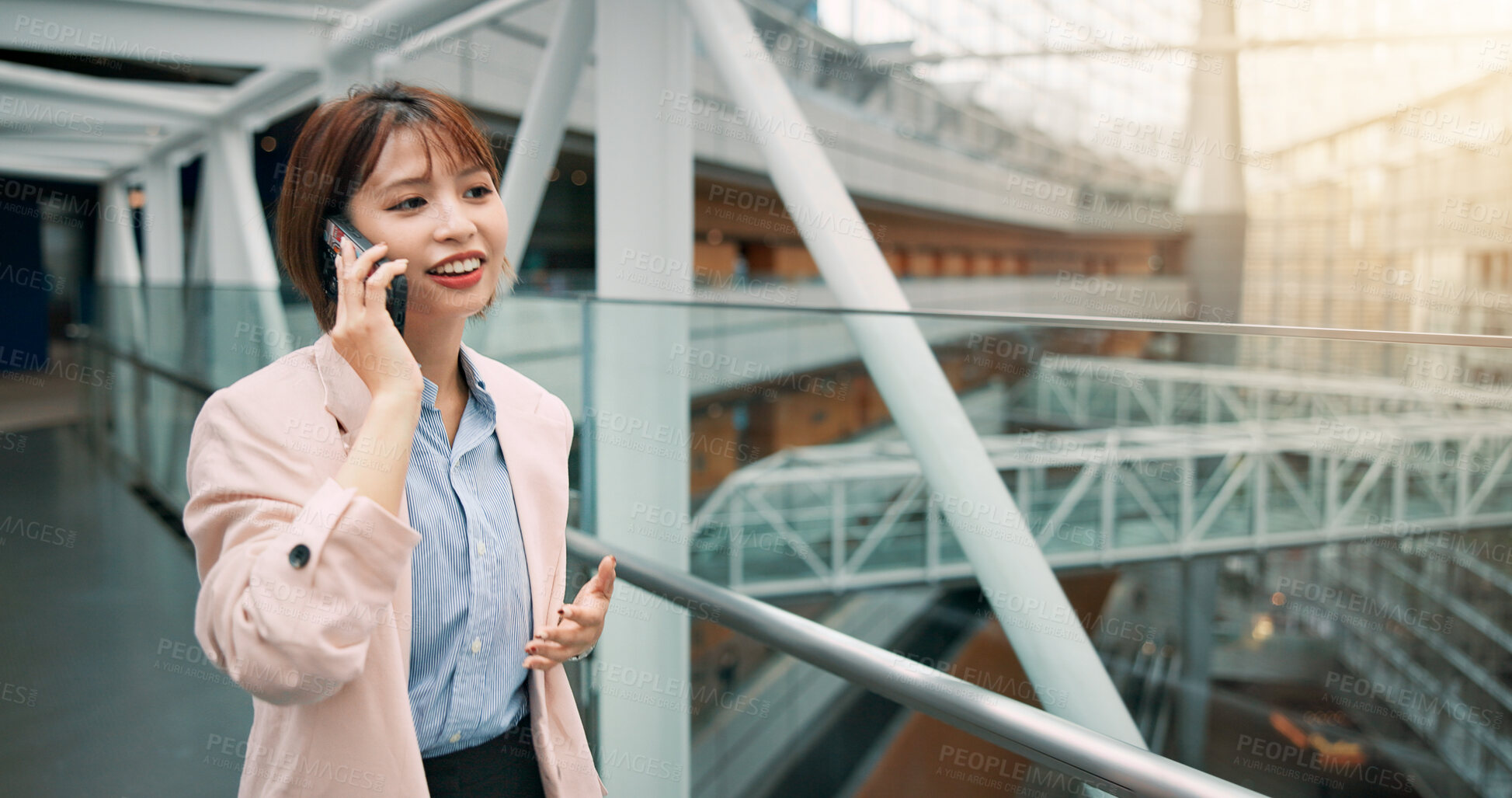 Buy stock photo Japanese, business and woman with phone call in office of civil engineering, infrastructure and schedule. Engineer, mobile and communication of inspection, safety control and building design in Japan