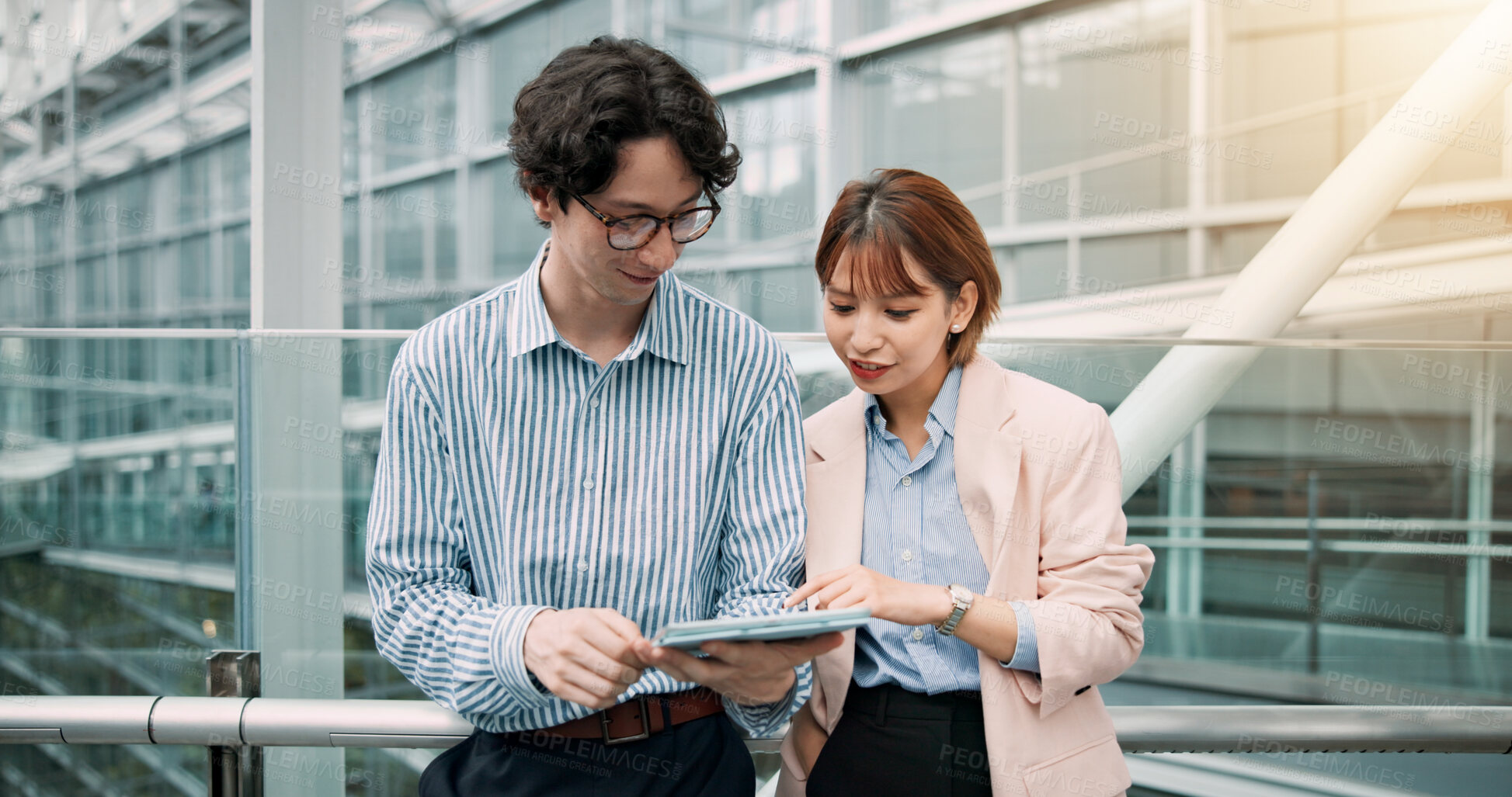 Buy stock photo Tablet, research and people in office for collaboration, teamwork and planning together for project. Digital technology, partnership and financial advisors work on finance investment report in Japan.