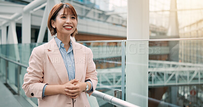 Buy stock photo Japanese, business and woman with smile for architecture, interior infrastructure and renovation. Career, female employee and architect with confidence for project progress, inspection and flare