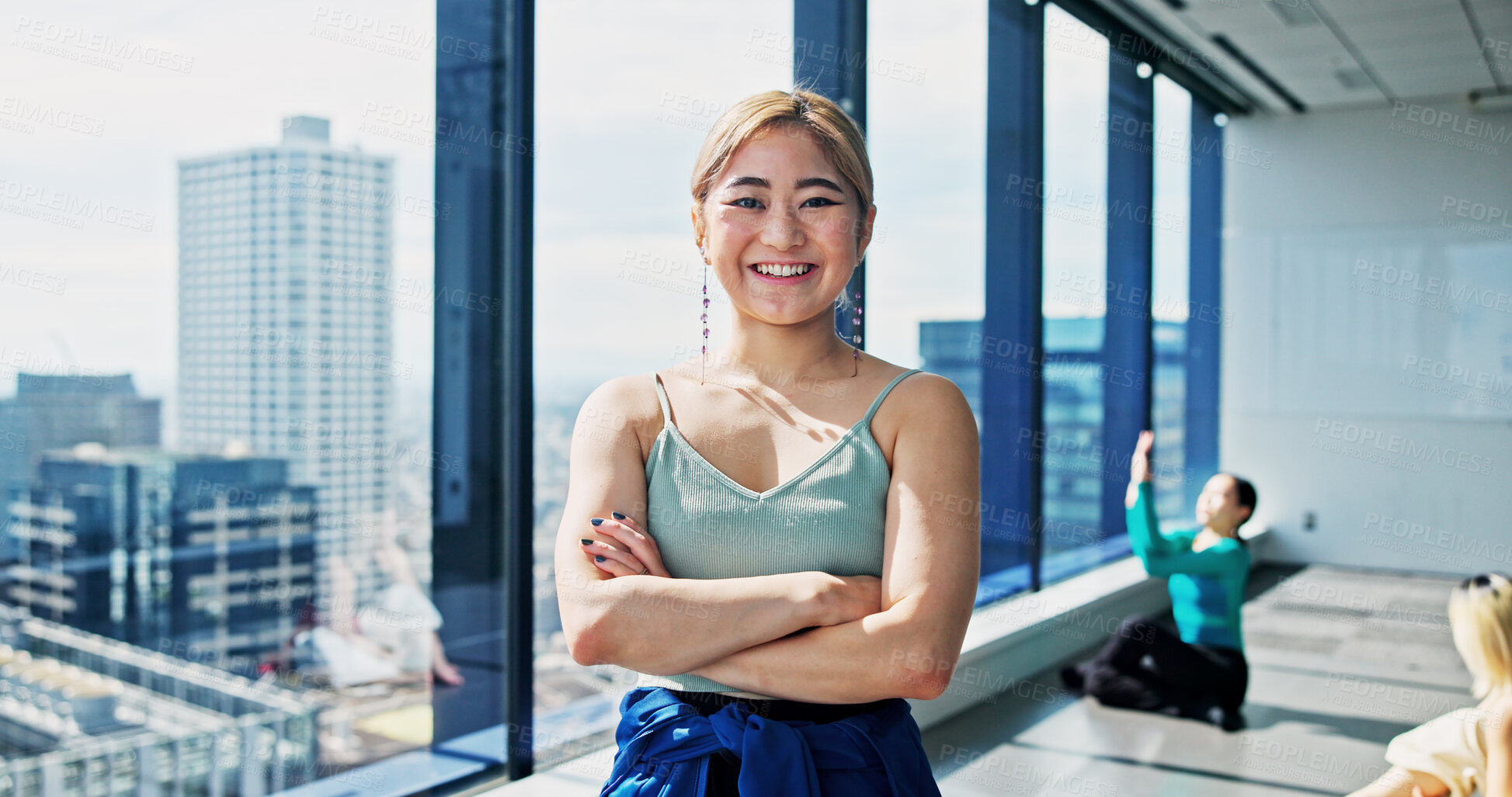 Buy stock photo Confidence, Japanese woman and arms crossed in dance studio for practice, training and choreography in ballet. Portrait, pride and professional dancer for company, theater and performance art school