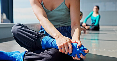 Buy stock photo Dancer, hands and stretching foot for fitness, body health and prepare for performance in Japan. Warm up legs, woman and artist in studio for muscle flexibility, wellness exercise and start practice