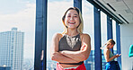 Portrait, woman and arms crossed in dance studio for practice, training and choreography in ballet. Confidence, pride and Japanese dancer for company, professional theater and performance art school