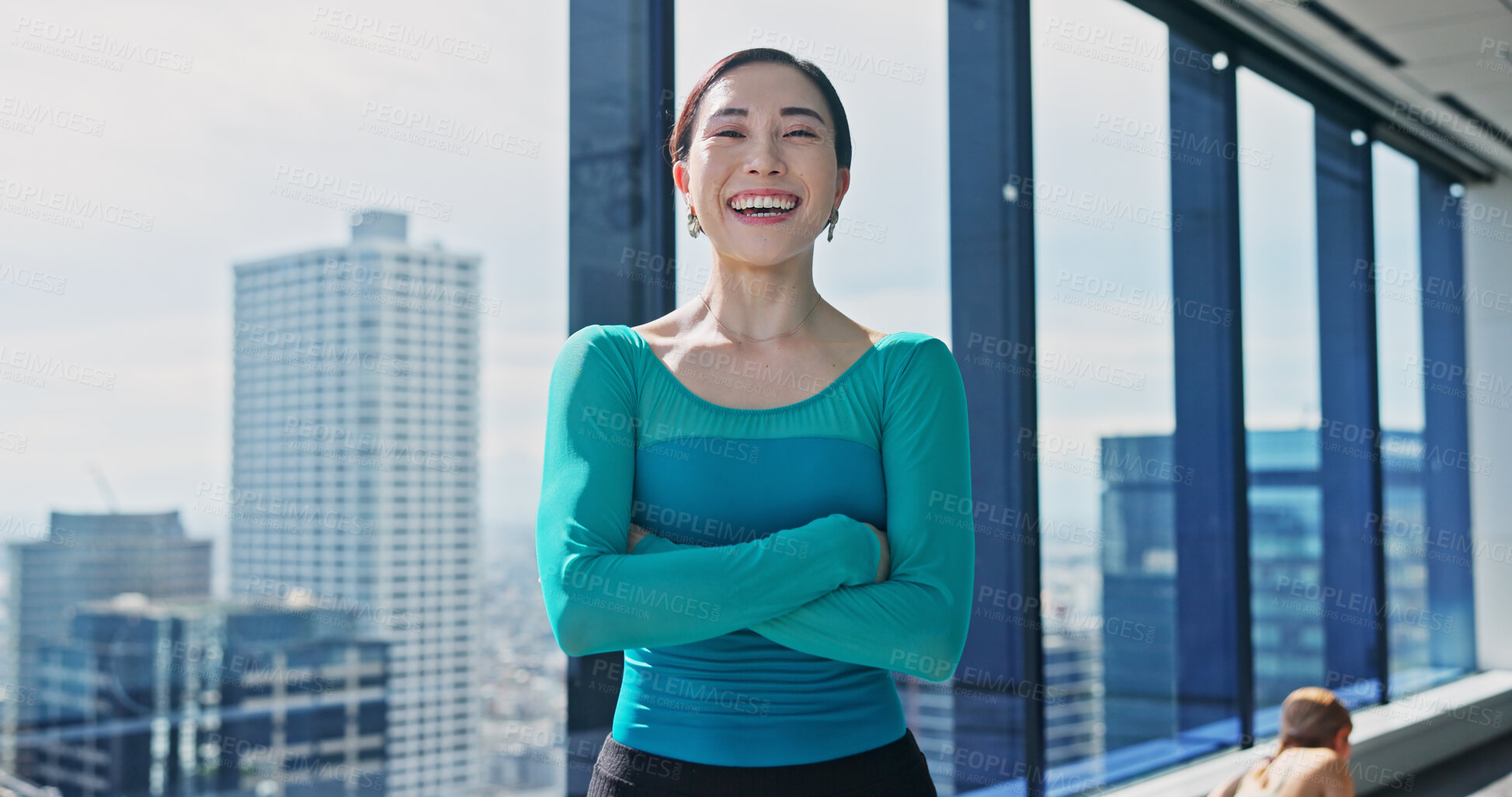 Buy stock photo Portrait, Japanese woman and arms crossed in dance studio for practice, training and choreography in ballet. Confidence, pride and professional dancer for company, theater and performance art school