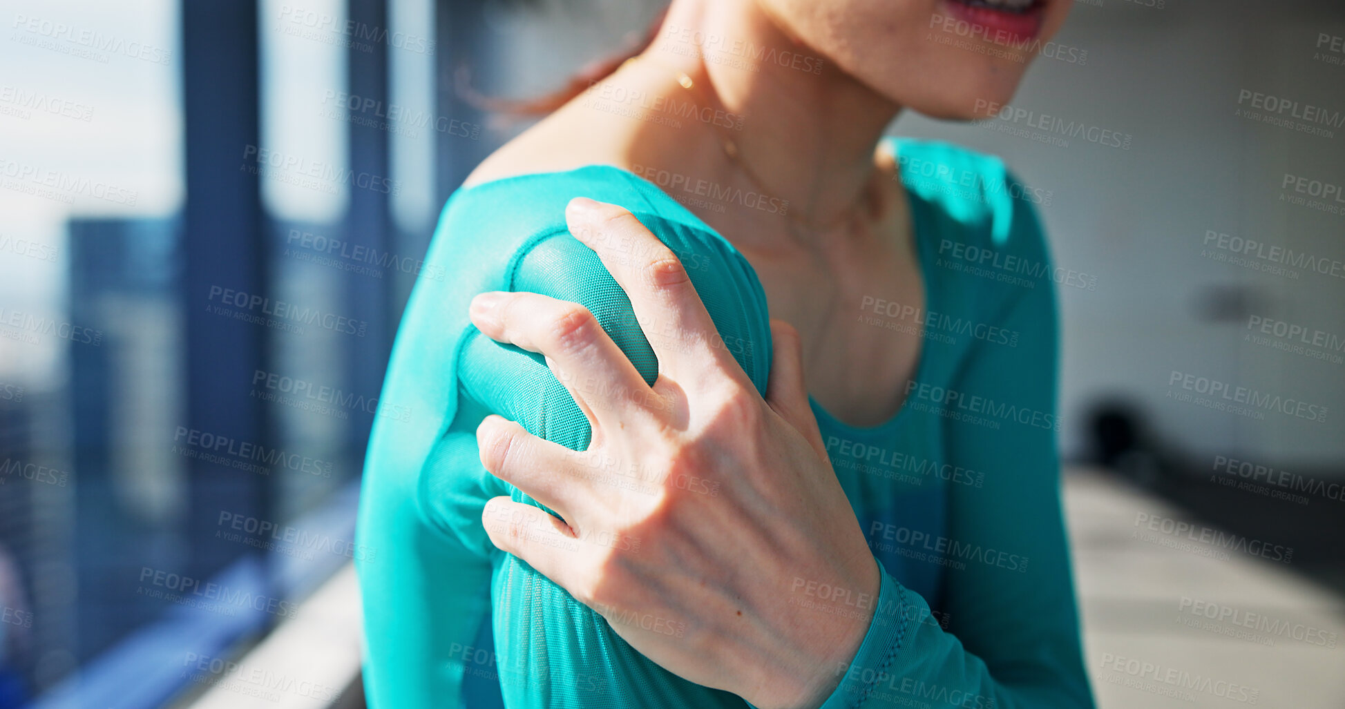 Buy stock photo Hands, woman and dancer with shoulder pain for ballet practice, dancing mistake and performance accident. Female person, muscle strain and medical emergency, exercise injury and fibromyalgia in Japan