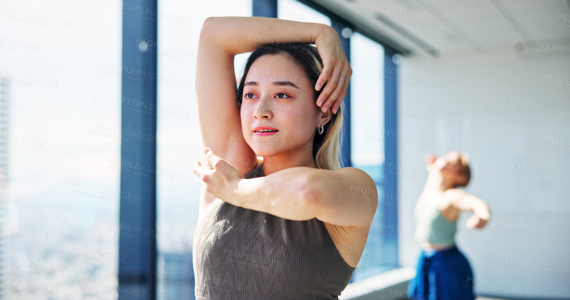 Buy stock photo Fitness, woman and creative performance for practice, training and choreography in ballet dance studio. Rehearsal, flexibility and Japanese dancer for company, theater and classical art school