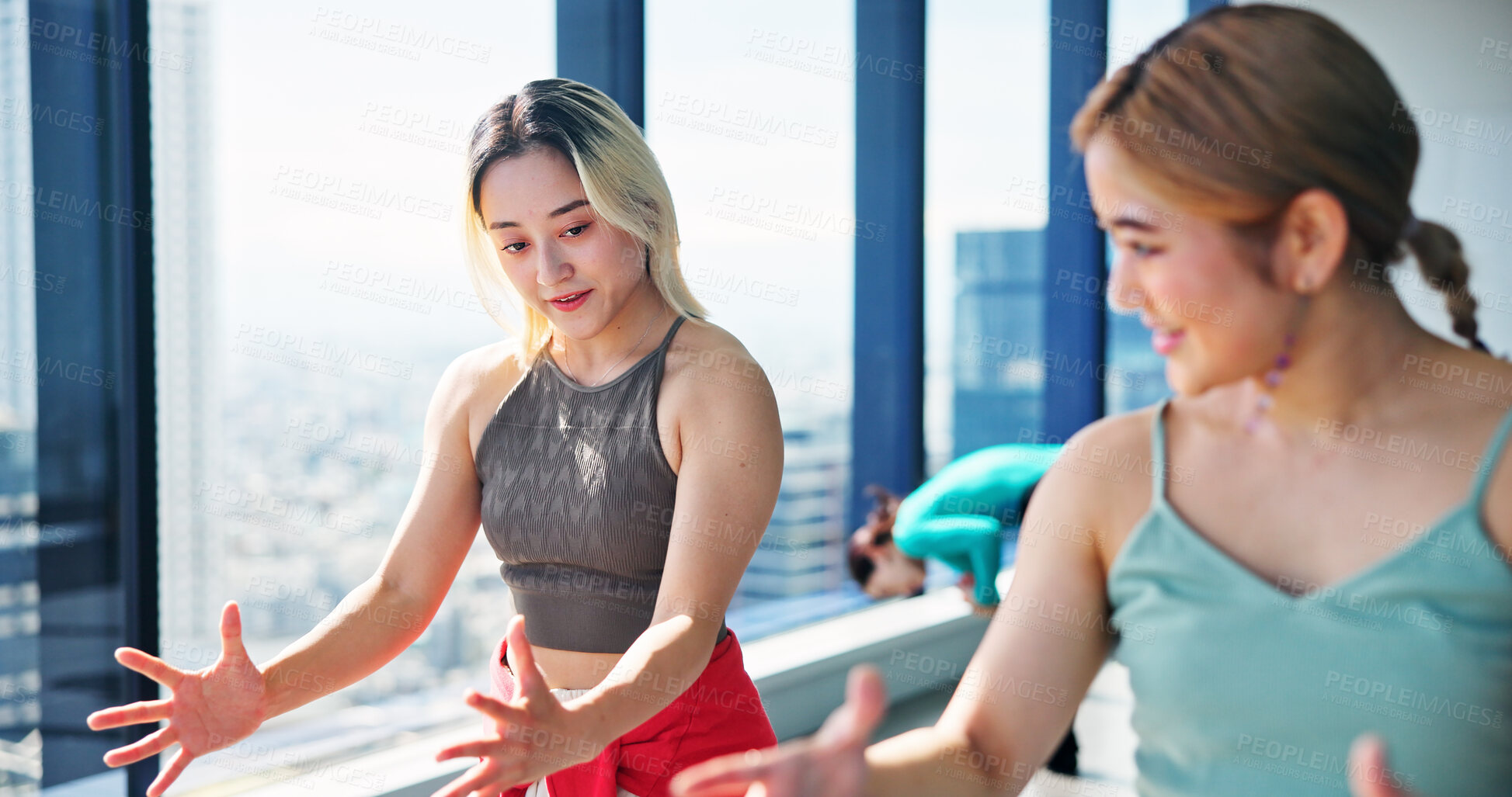 Buy stock photo Dance, women and learning in studio for training, contemporary routine or choreography. Japanese dancers, posture or planning in class for performance, practice or instructor with help for creativity