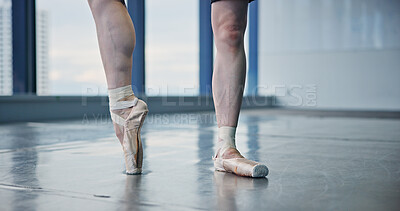 Buy stock photo Ballerina, person and pointe feet in studio for dancing practice, performance rehearsal or recital. Ballet dancer, professional and balance in shoes for competition and talent at Japanese academy