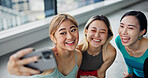 Selfie, friends and happy for fitness, smile and picture in yoga class, break and memory for women. Healthy, personal trainer and photography for moment, people and bonding for workout and Japan
