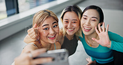 Buy stock photo Selfie, friends and happy for fitness, influencer and picture in yoga class, break and memory for women. Healthy, personal trainer and photography for moment, people and smile for workout and Japan