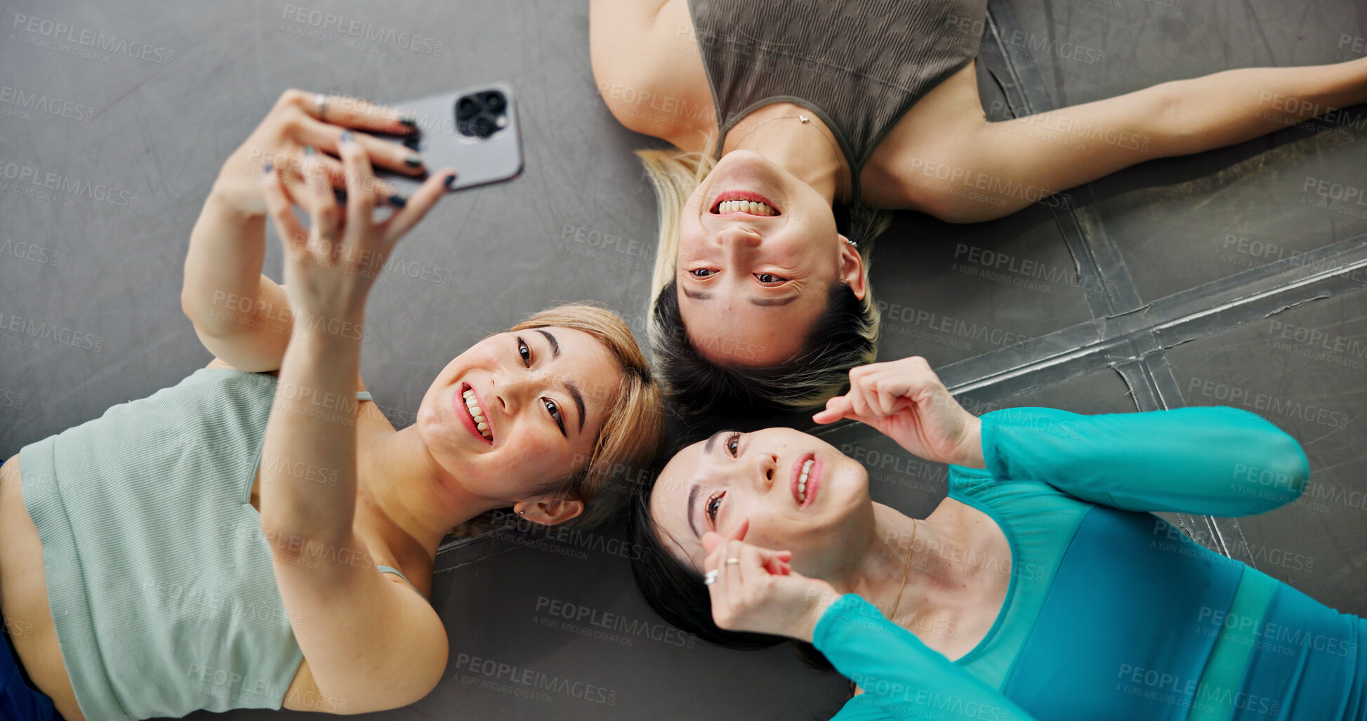 Buy stock photo Selfie, friends and happy for fitness, class and picture for yoga, bonding and memory for women on break. Healthy, personal trainer and photography for moment, people and smile for workout and Japan