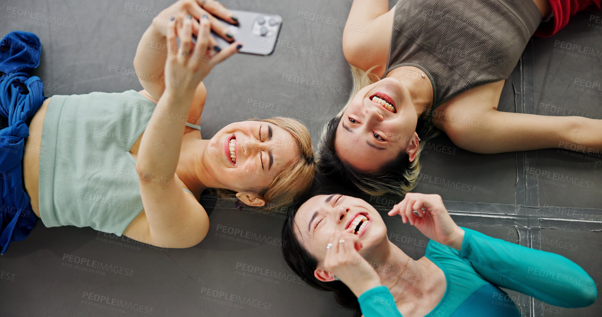 Buy stock photo Selfie, friends and happy for fitness, joy and picture in yoga class, break or memory for women. Healthy, personal trainer and photography for moment, people and smile for workout or bonding in Japan