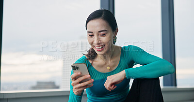 Buy stock photo Phone, happy and woman in dance studio with networking, communication or browsing social media. Smile, cellphone and Japanese ballerina watching online video for classic technique at rehearsal.