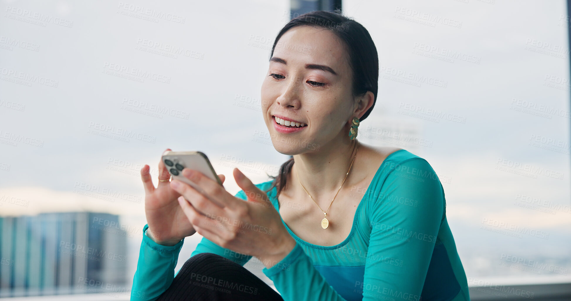 Buy stock photo Dancer, scroll and woman with smartphone in class, browsing social media and laughing or watching video. Japanese, influencer and communication with online, audience and performer for live stream