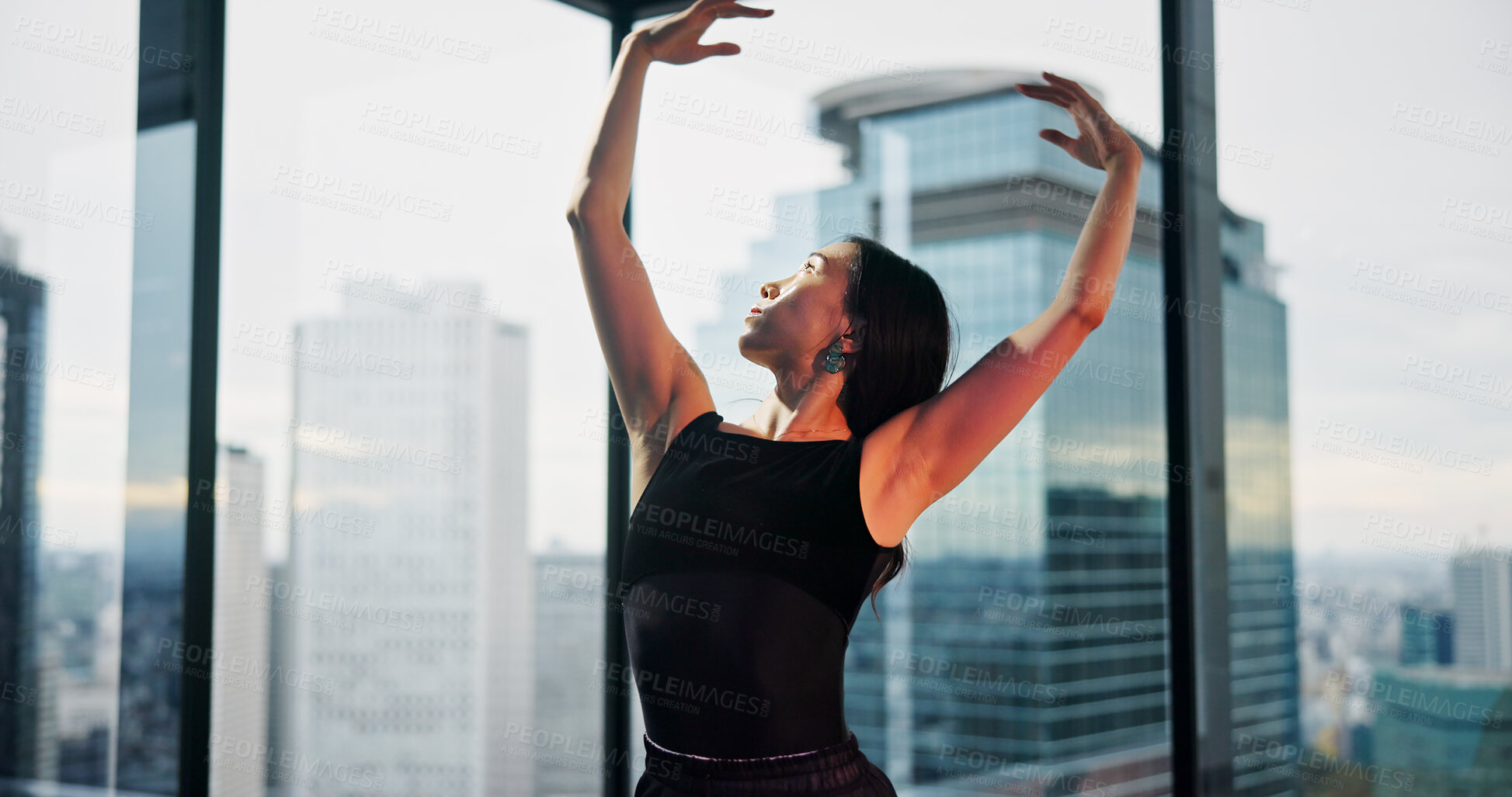 Buy stock photo Woman, dancer and practice performance in dance studio, professional and rehearsal for theatre. Female person, creative art and learning choreography for show in city of Japan, talent and technique