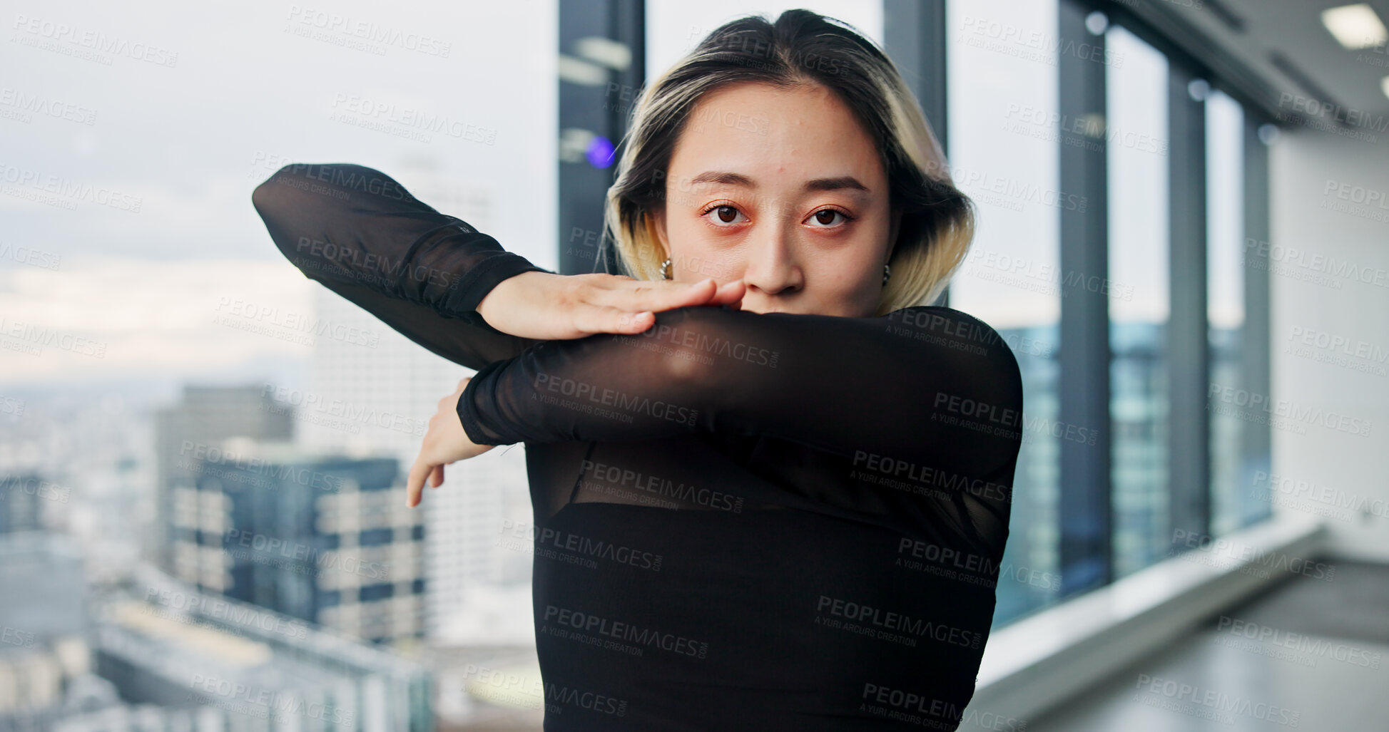 Buy stock photo Dance, portrait and woman in studio for choreography, movement or performance with window for view of Tokyo. Art, creative and talent with confident Japanese dancer in class for theater recital