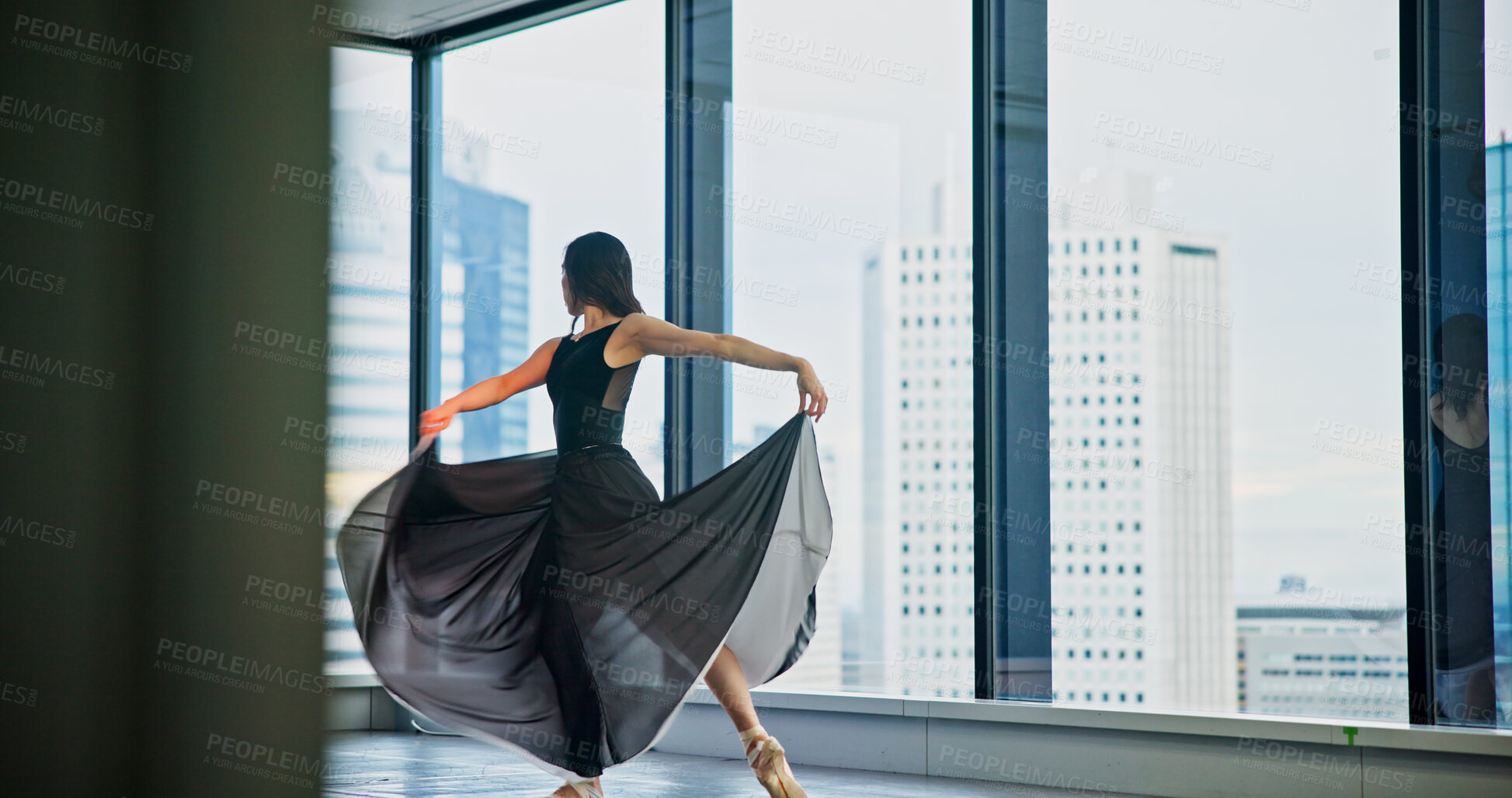 Buy stock photo Woman, ballet and practice routine in dance studio, professional and rehearsal for theatre. Female person, creative art and learning choreography for show in city of Japan, talent and technique