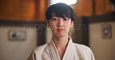 Buy stock photo Japanese man, student and portrait for martial arts practice or traditional sport, fighting and health. Aikido, gi uniform and pride for fitness challenge, power or champion in bushido training dojo