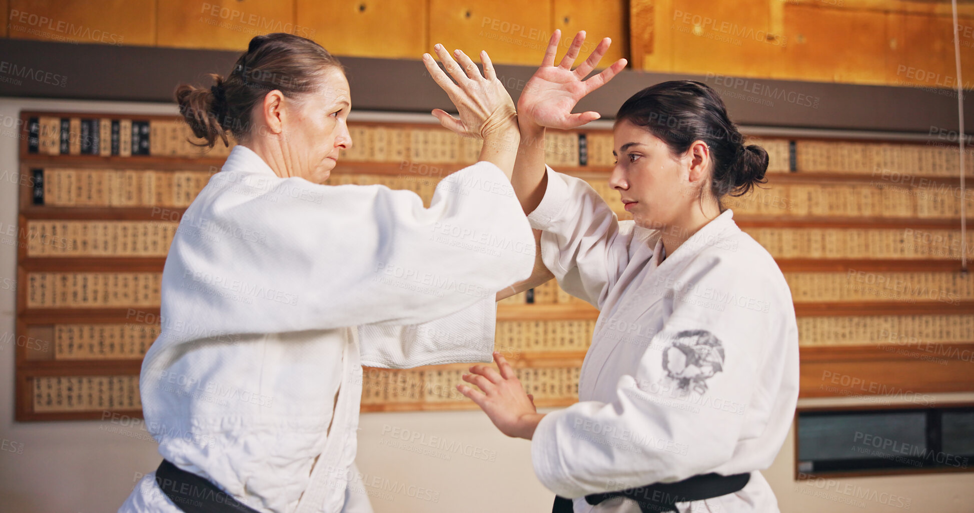 Buy stock photo Martial arts, fight demonstration and women with learning, exercise and karate etiquette in dojo. Japan, training and studio with sport, discipline and warrior in taekwondo class in gym with strike