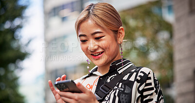 Buy stock photo Japanese, woman and city with mobile for social media, online communication and search location. Outdoor, female person and traveler with smartphone for application, travel or map navigation in Tokyo