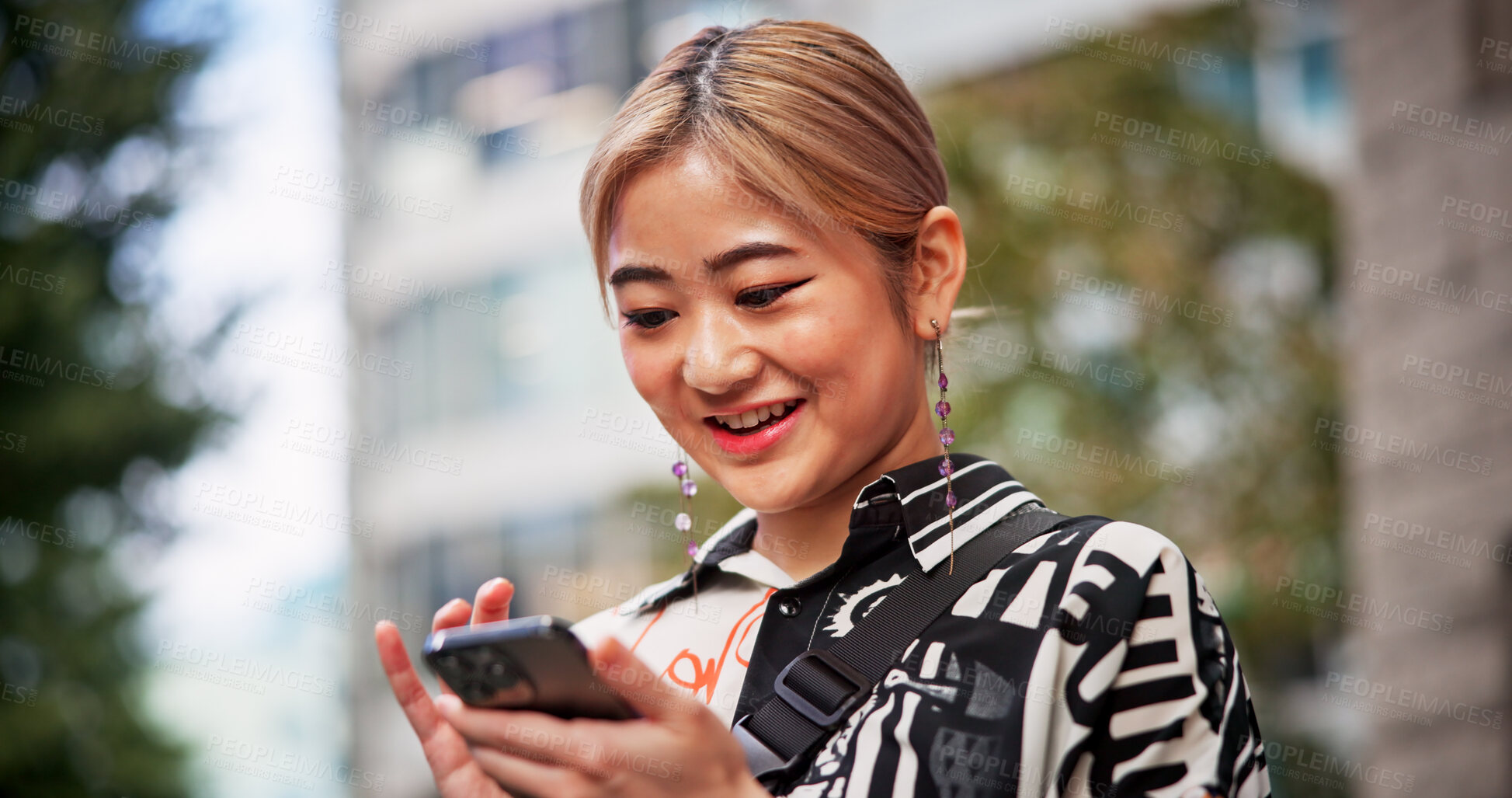 Buy stock photo Japanese, woman and city with mobile for social media, online communication and search location. Outdoor, female person and traveler with smartphone for application, travel or map navigation in Tokyo