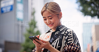 Buy stock photo Japanese, woman and city with phone for social media, online communication and search location. Outdoor, female person and smile with mobile application for chat, travel and map navigation in Tokyo