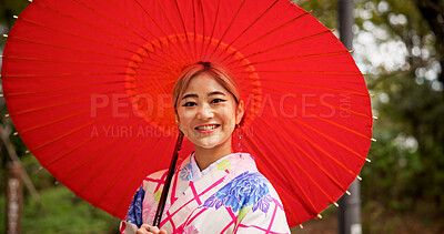 Buy stock photo Japanese, woman and portrait with fashion for umbrella, vintage style and fresh air with smile. Outdoor, female person and heritage with kimono for indigenous clothes, culture or happiness for travel