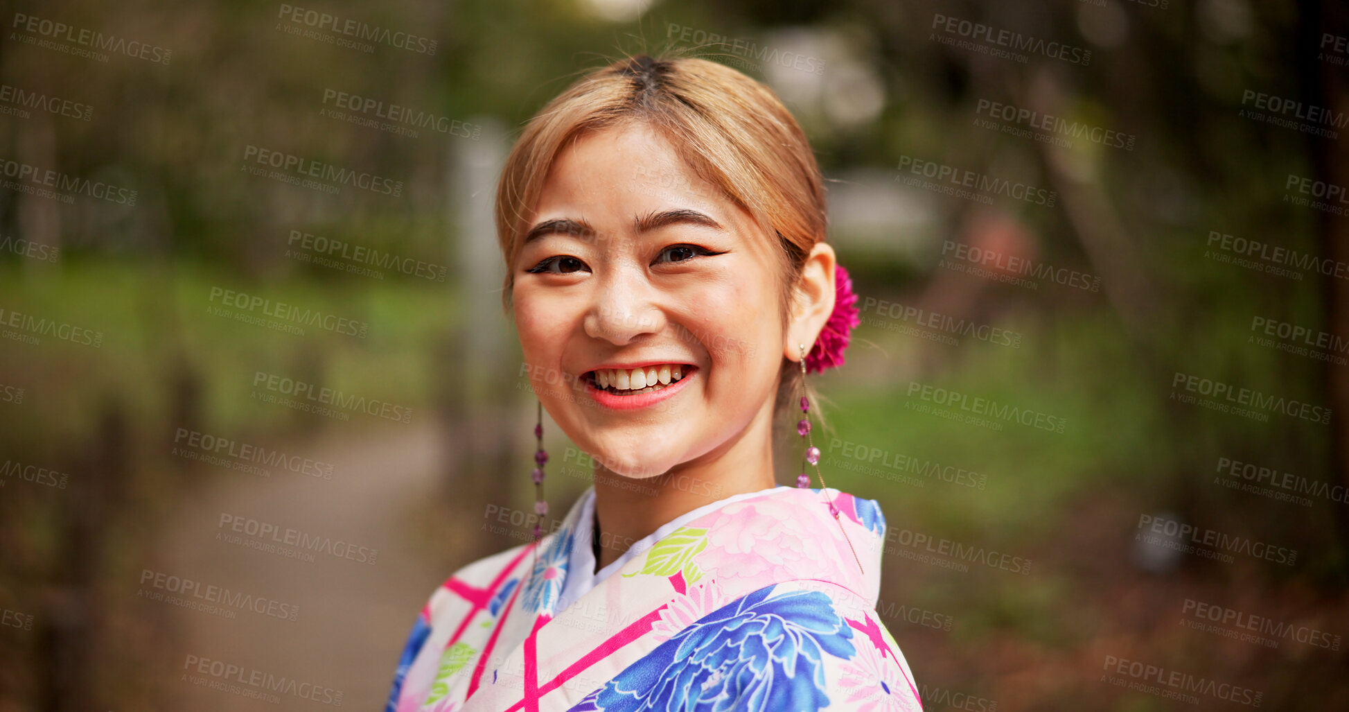 Buy stock photo Happy, nature and portrait of Japanese woman outdoor with traditional kimono for fashion. Smile, confident and female person with cultural colorful dress for stylish outfit in park for calm and peace