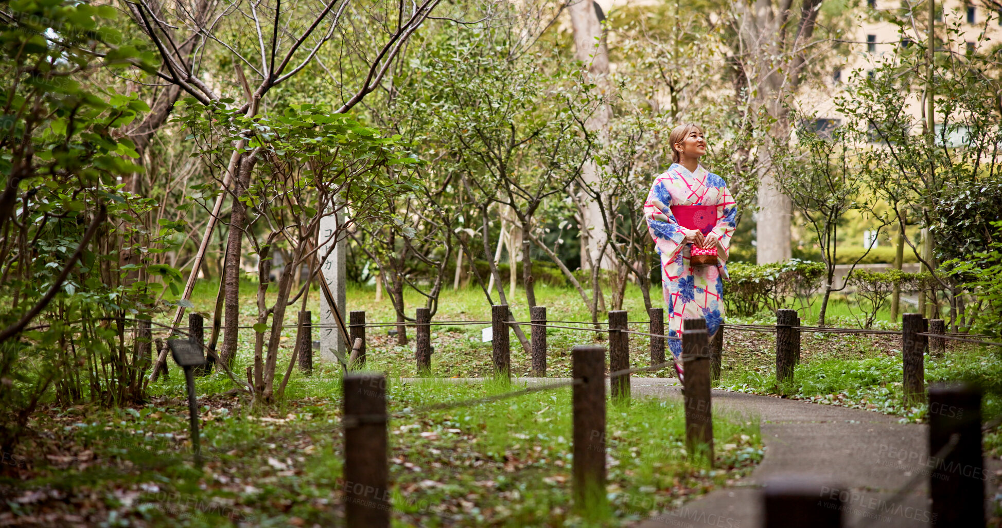 Buy stock photo Journey, Kimono and walking with woman in nature to explore green location for sightseeing or tourism. Fashion, travel and trees with person in national park of Japan for culture, holiday or vacation