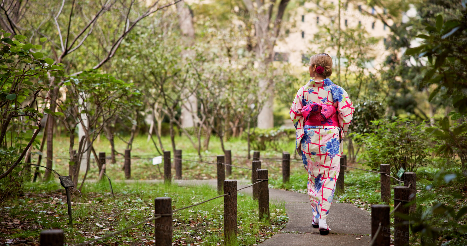 Buy stock photo Back, Kimono and travel with woman in park to explore green location for sightseeing or tourism. Fashion, nature conservation and walking with person outdoor in Japan for culture, holiday or vacation