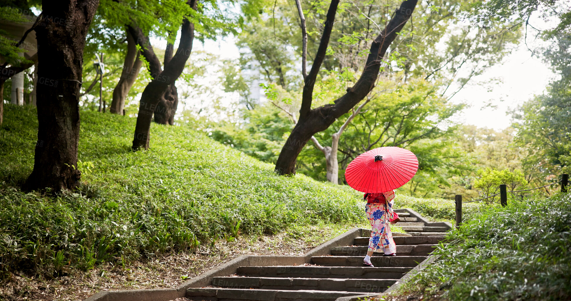 Buy stock photo Kimono, park and umbrella with woman on steps to explore green location for sightseeing or tourism. Back, fashion and travel with person walking in nature of Japan for culture, holiday or vacation