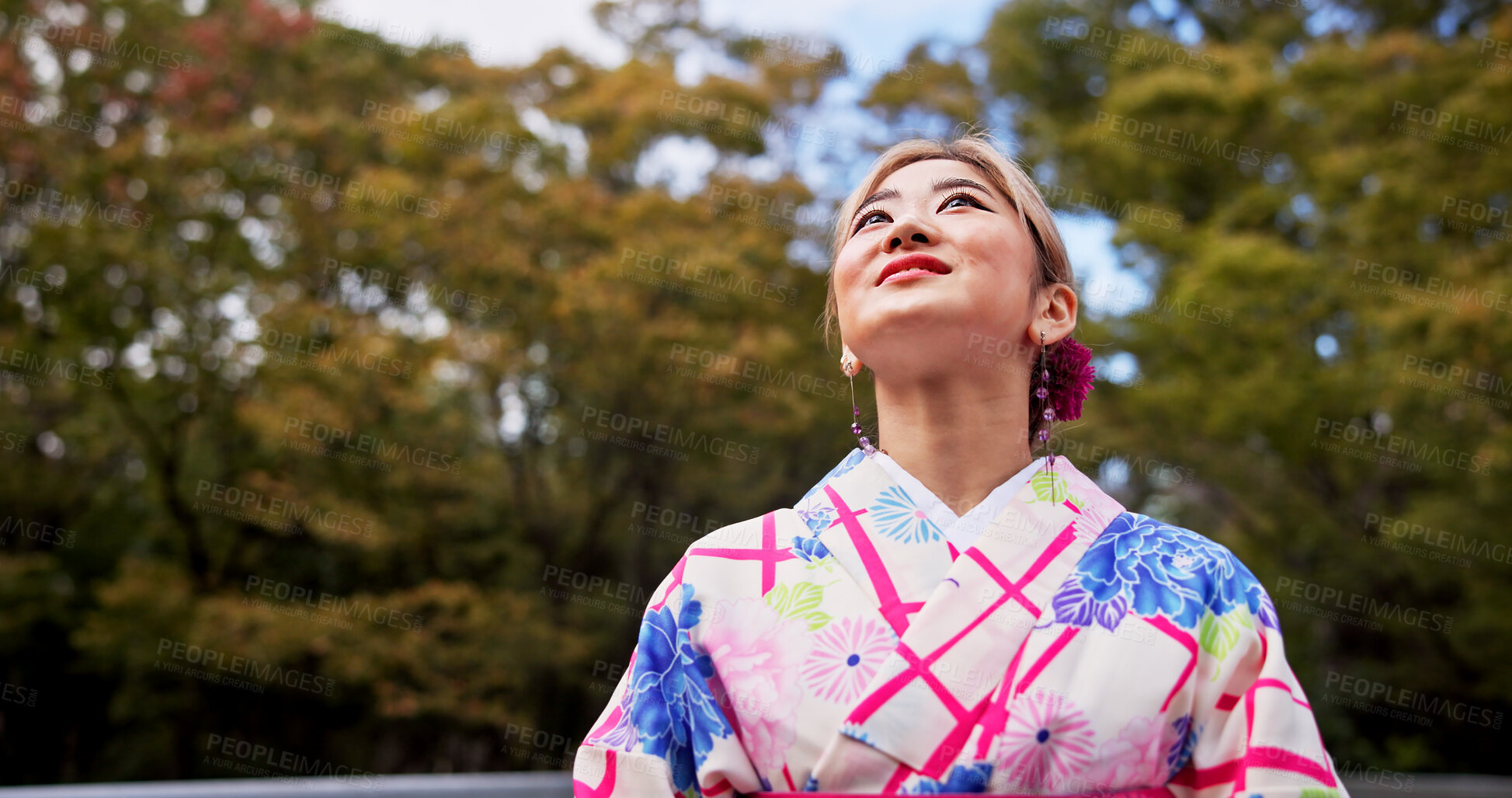 Buy stock photo Asian woman, dream and sightseeing with fashion in kimono for travel, ambition or journey in nature. Japan, female person or tourist with outfit in wonder for tradition, culture or heritage at park