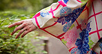 Woman, hands and leaves with kimono, park and travel for journey and natural sustainability. Japanese person, cultural fashion and plants or bushes with nature, garden and outdoor walk for relaxation