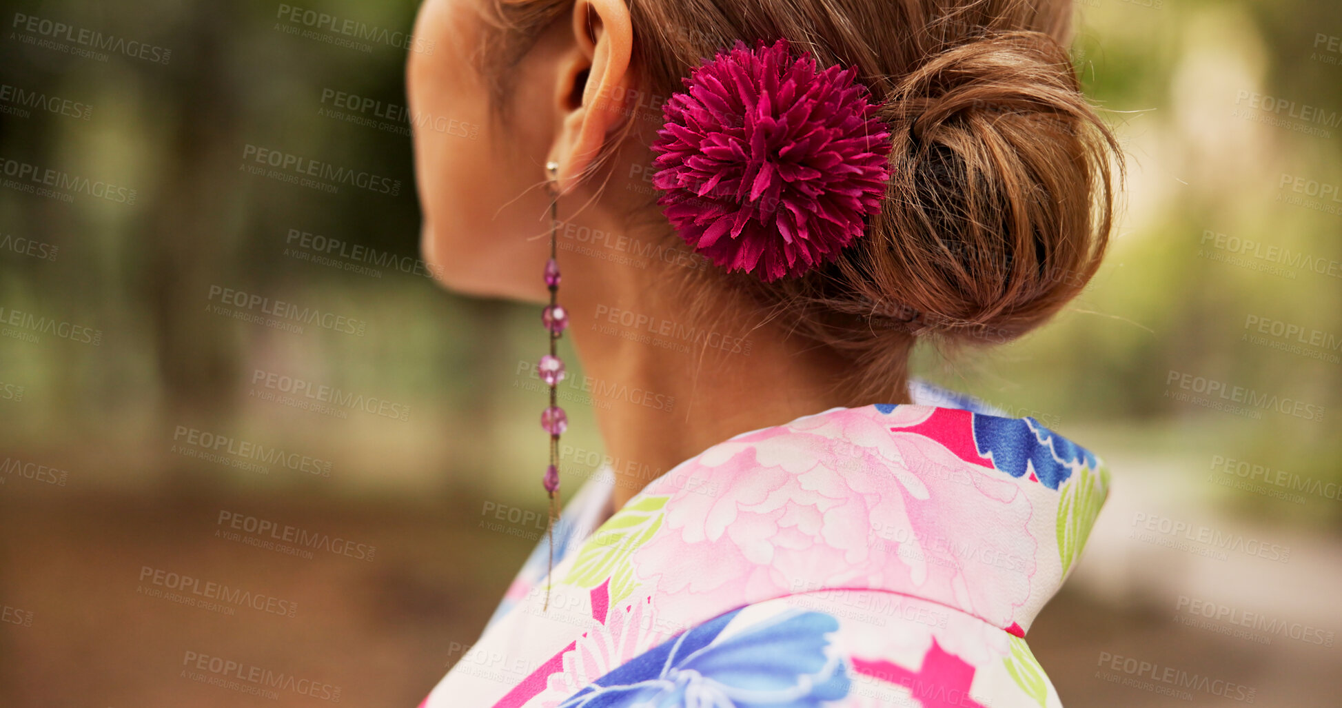 Buy stock photo Kimono, hair and back with woman in Japan park for travel, traditional clothes or heritage pride. Journey, culture and fashion with closeup of person and jewelry for trip and festival ceremony