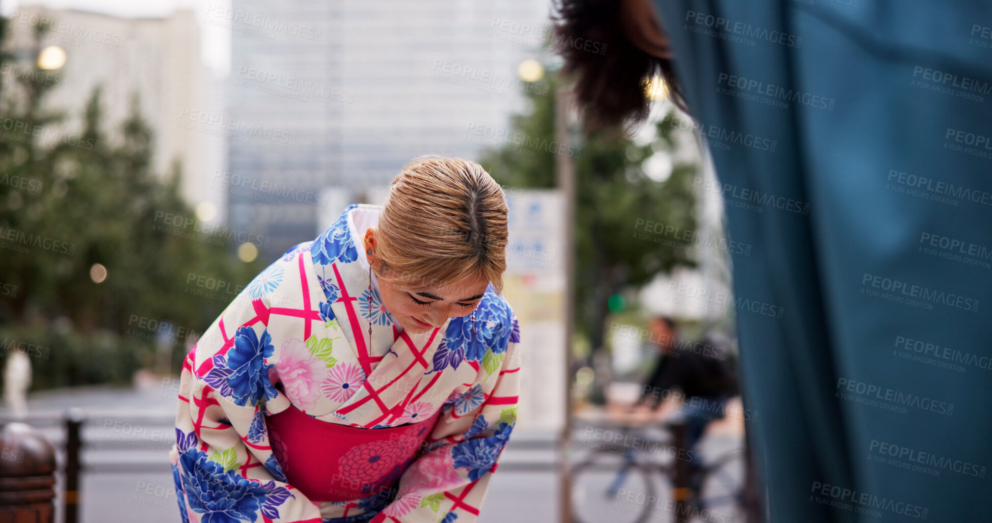 Buy stock photo Bow, respect and woman in city for welcome, greeting and tradition with kimono. Japanese people, farewell and urban Tokyo street with heritage custom and cultural robe in town for travel departure