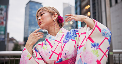 Buy stock photo Japanese woman, artist and dance with kimono in city for hand movement, contemporary style and expression. Creative culture, performer and nihon buyo with traditional fashion, urban town or heritage