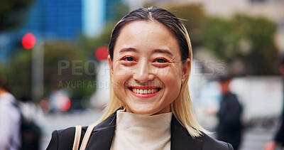 Buy stock photo Business woman, smile and portrait in city for travel, excited and pride for legal career in street. Person, happy and corporate lawyer with confidence on urban sidewalk for commute to work in Japan