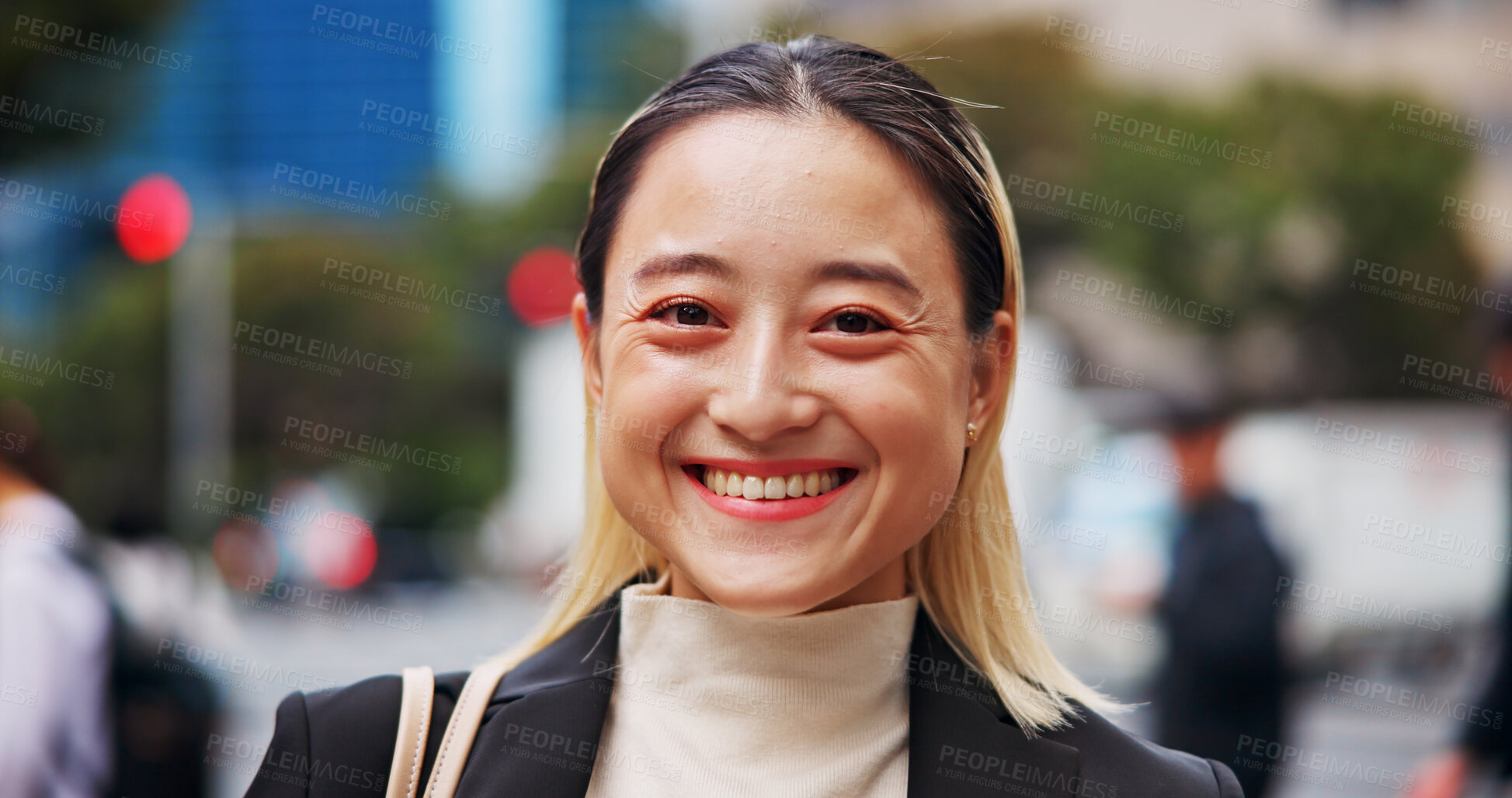 Buy stock photo Business woman, smile and portrait in city for travel, excited and pride for legal career in street. Person, happy and corporate lawyer with confidence on urban sidewalk for commute to work in Japan