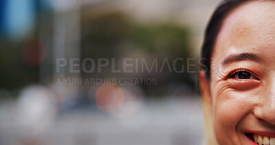 Buy stock photo Half face, eye and portrait of woman in city with blur background for mockup space with smile. Happy, career and Japanese female person with positive attitude for job opportunity in urban town.