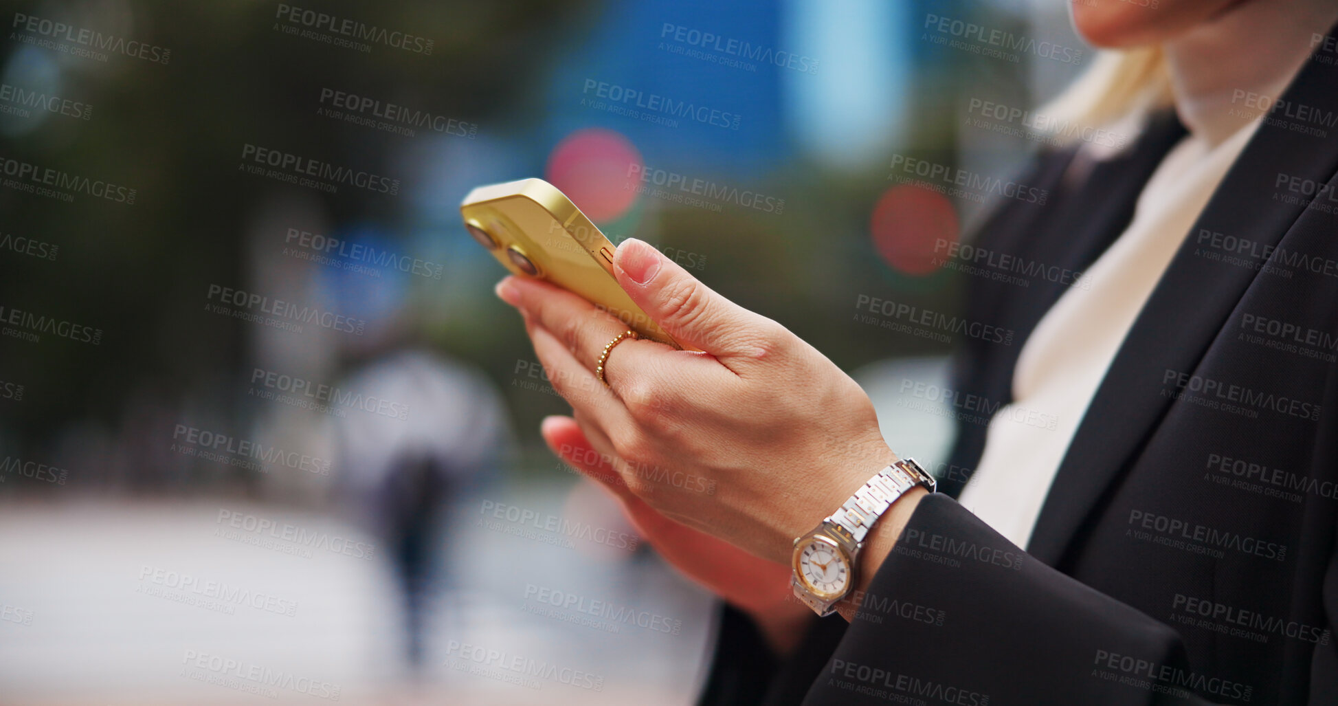 Buy stock photo Hands, city and phone with woman on street with social media, job texting and internet scroll in Japan with business commute. Work, digital news and web outdoor with travel with maps app on mobile